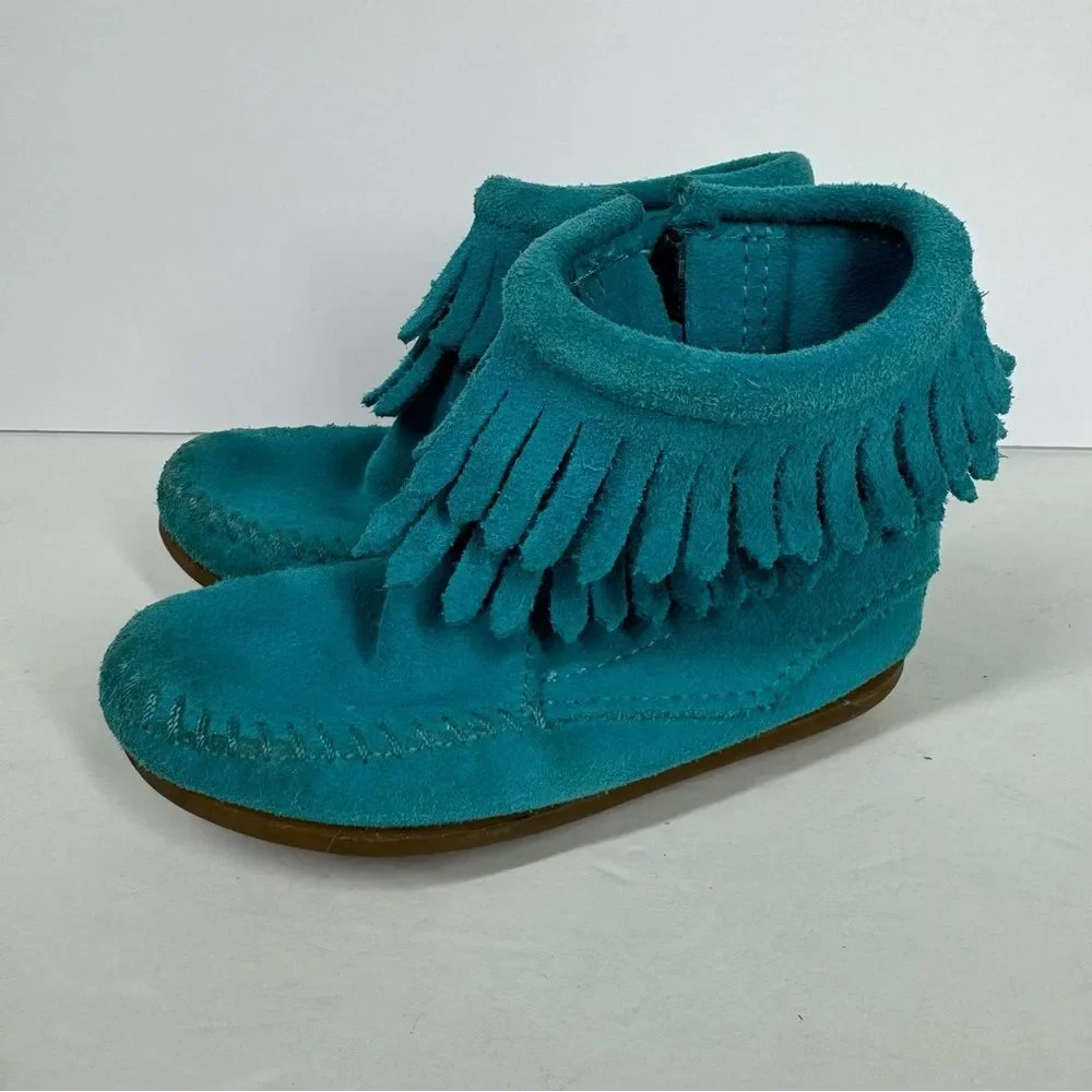 Minnetonka Baby Girl Double Fringe Suede Leather Zip Up Moccasins Booties Teal 8